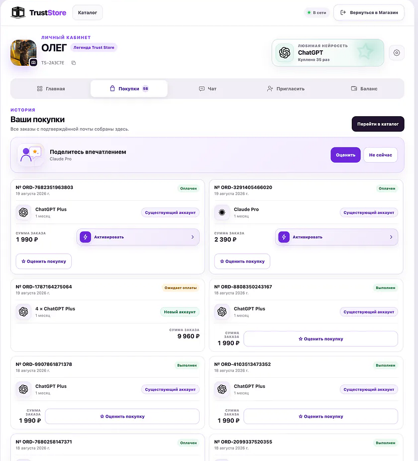 История покупок и карточки заказов в новом профиле Trust Store 3.0