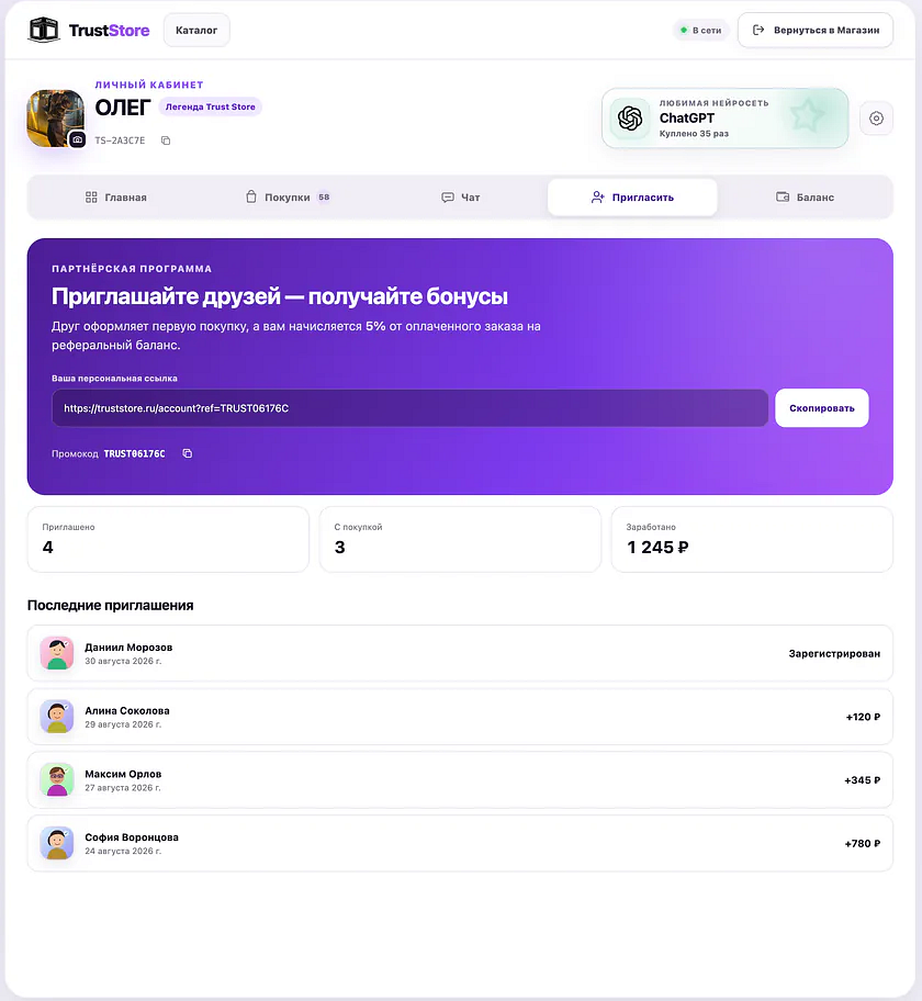 Реферальная программа Trust Store 3.0 с персональной ссылкой и статистикой